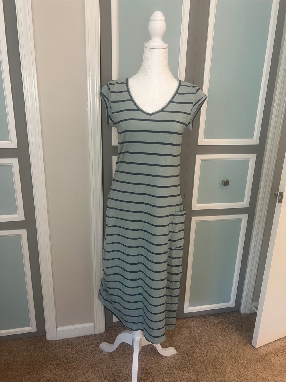 Toad&Co Sage Green and Dark Gray Striped V-Neck Maxi Dress